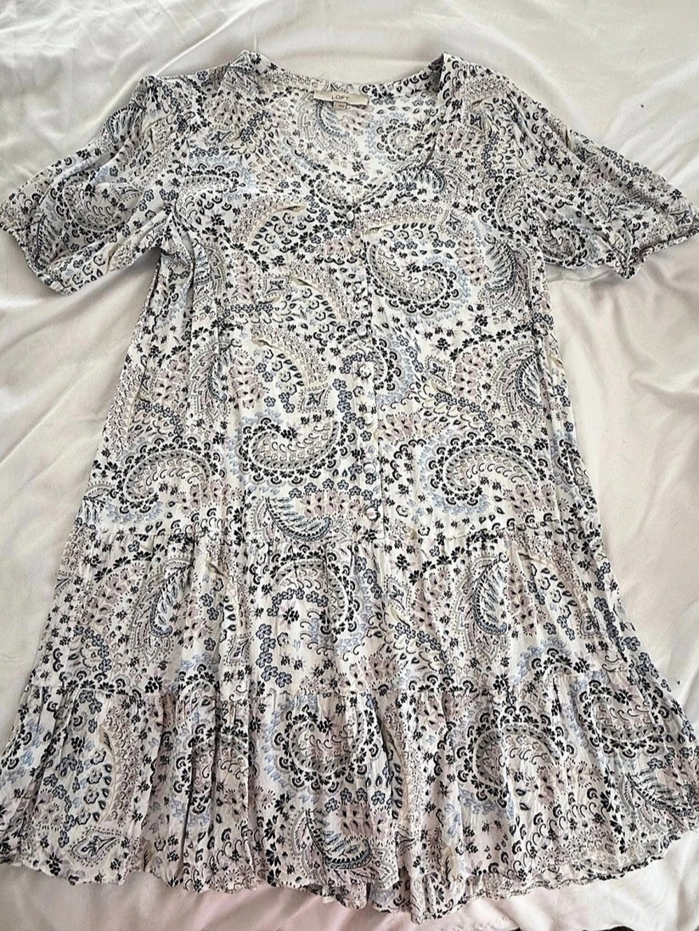 LOFT Paisley Mini Dress in White & Blue Size Large